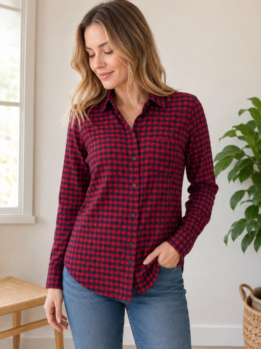 J.Crew Boy Shirt Red Navy Gingham Check Crinkle Button Down Cotton Modal Classic